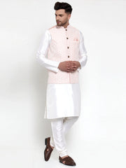 Men's Solid Dupion High Kurta Pajama with Embroidered Nehru Jacket