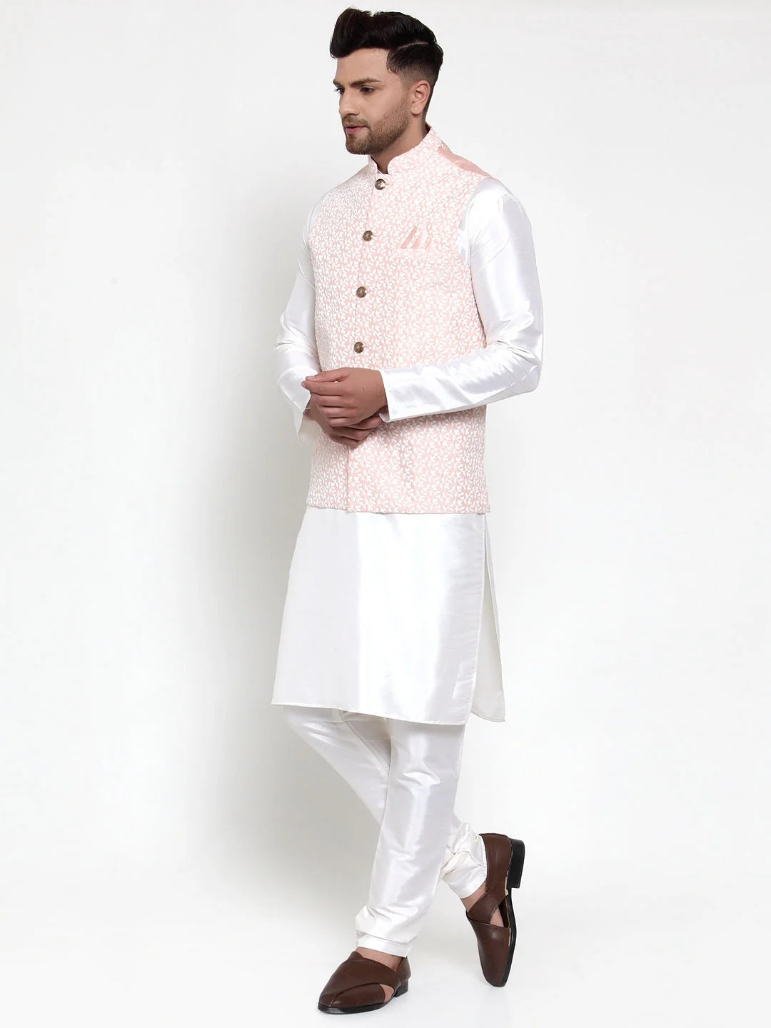 Stylish High Kurta Pajama Set with Embroidered Nehru Jacket
