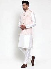 Men's Solid Dupion High Kurta Pajama with Embroidered Nehru Jacket