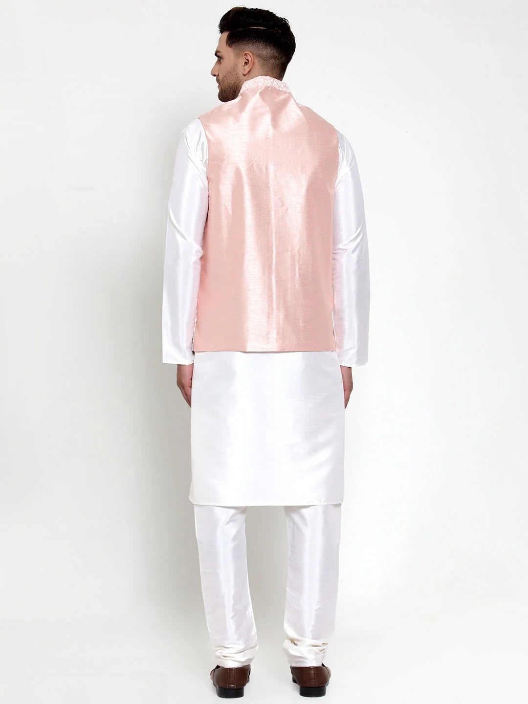 Stylish High Kurta Pajama Set with Embroidered Nehru Jacket