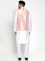 Men's Solid Dupion High Kurta Pajama with Embroidered Nehru Jacket