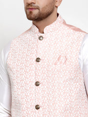 Men's Solid Dupion High Kurta Pajama with Embroidered Nehru Jacket