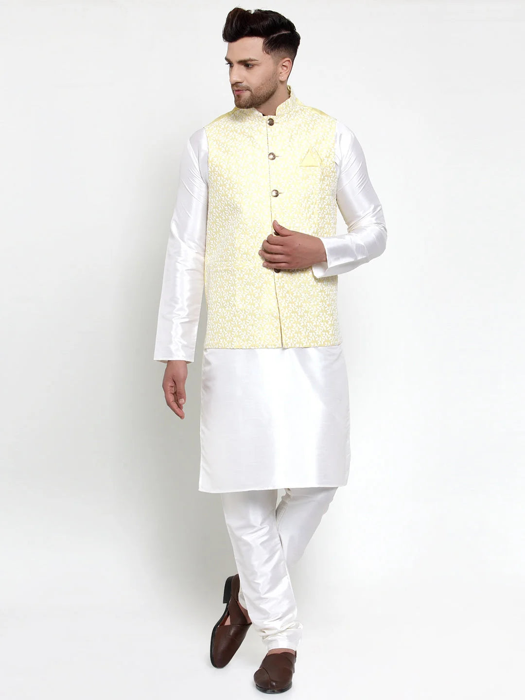 Men's Solid Dupion Kurta Pajama with Embroidered Nehrus Jacket