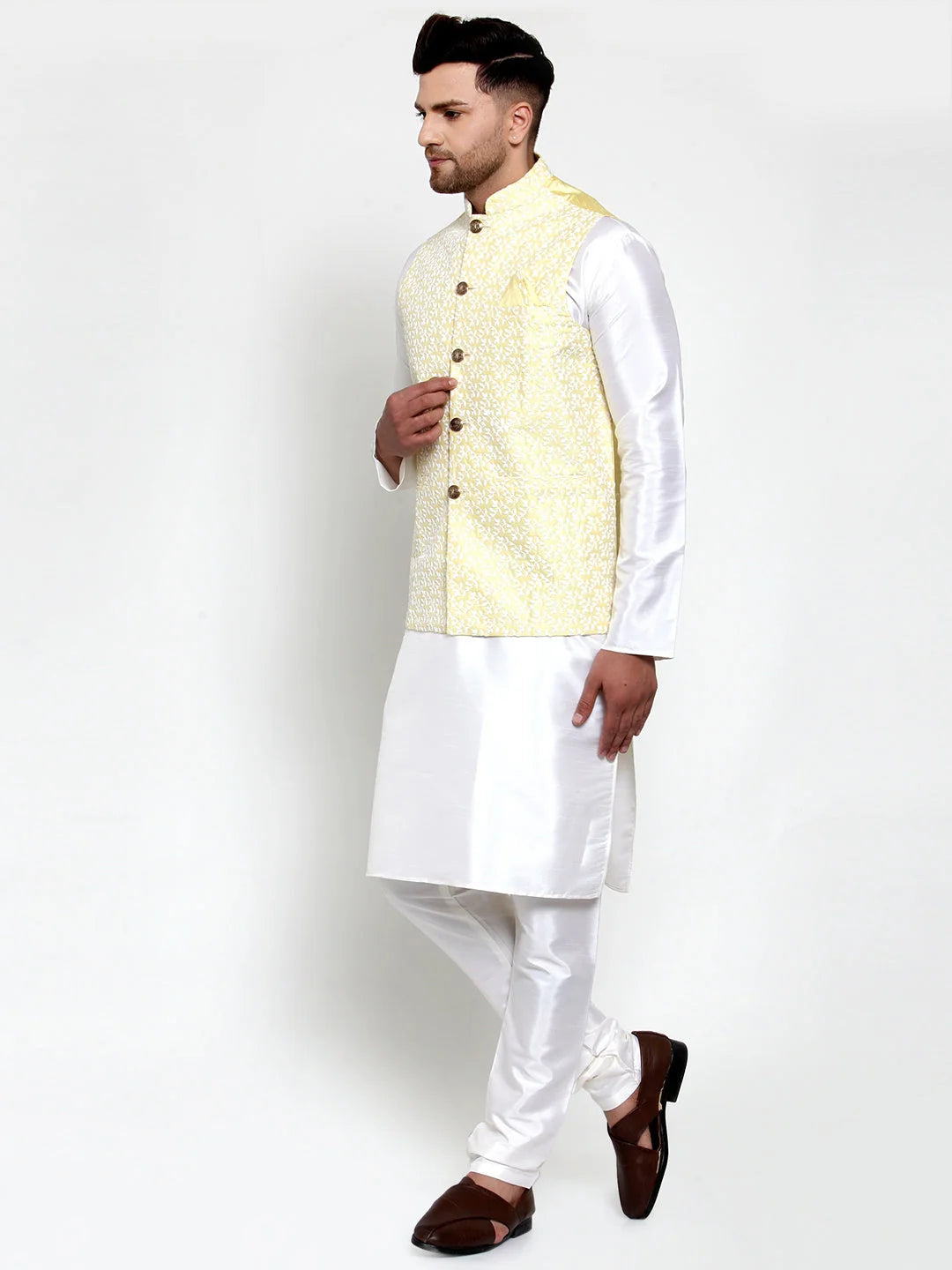 Elegant Mens Kurta Pajama Set with Embroidered Nehru Jacket
