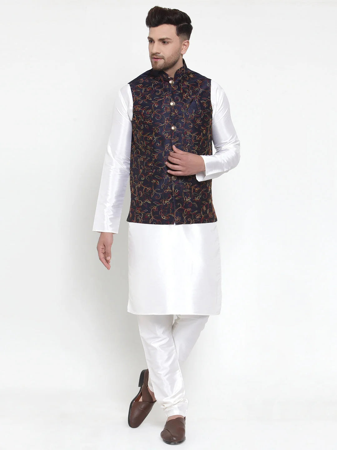 Men's Solid Dupion Blue Kurta Pajama with Woven Nehru Jacket