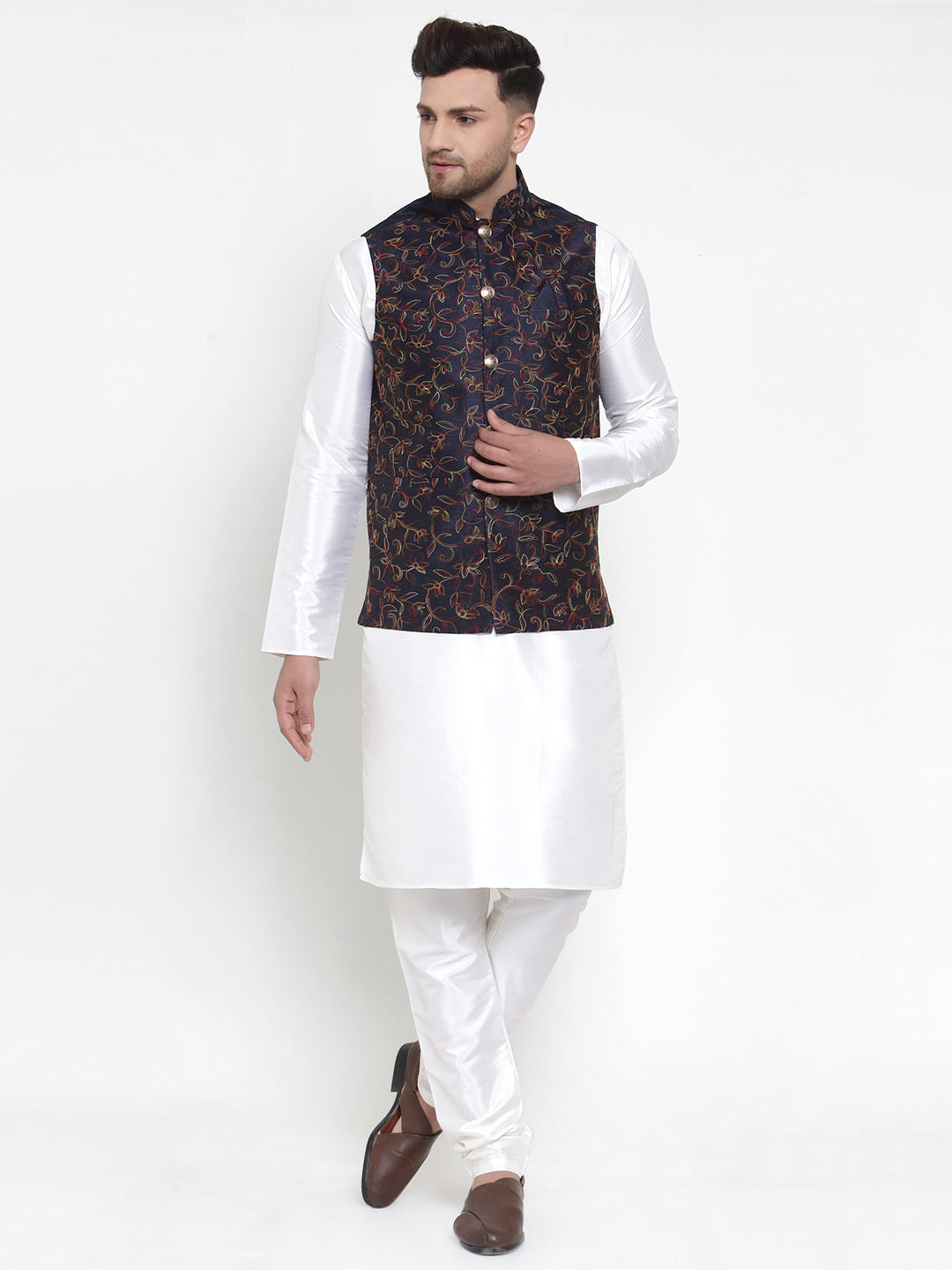 Blue Mens Kurta Pajama Set with Woven Nehru Jacket | Ethnic Wear