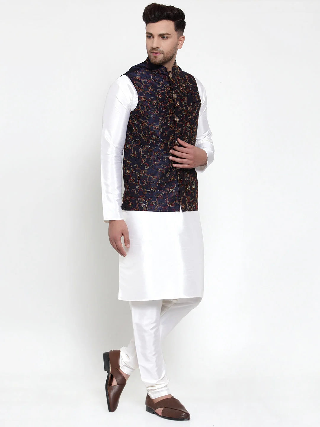Blue Mens Kurta Pajama Set with Woven Nehru Jacket | Ethnic Wear