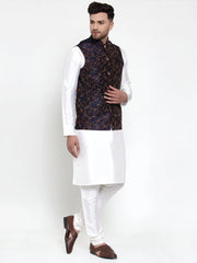 Men's Solid Dupion Blue Kurta Pajama with Woven Nehru Jacket