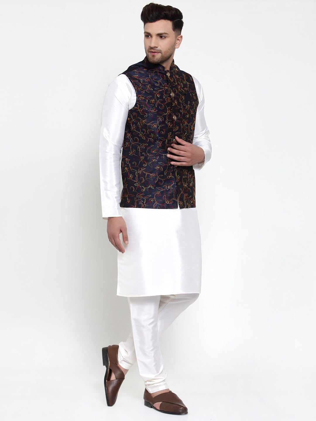 Blue Mens Kurta Pajama Set with Woven Nehru Jacket | Ethnic Wear