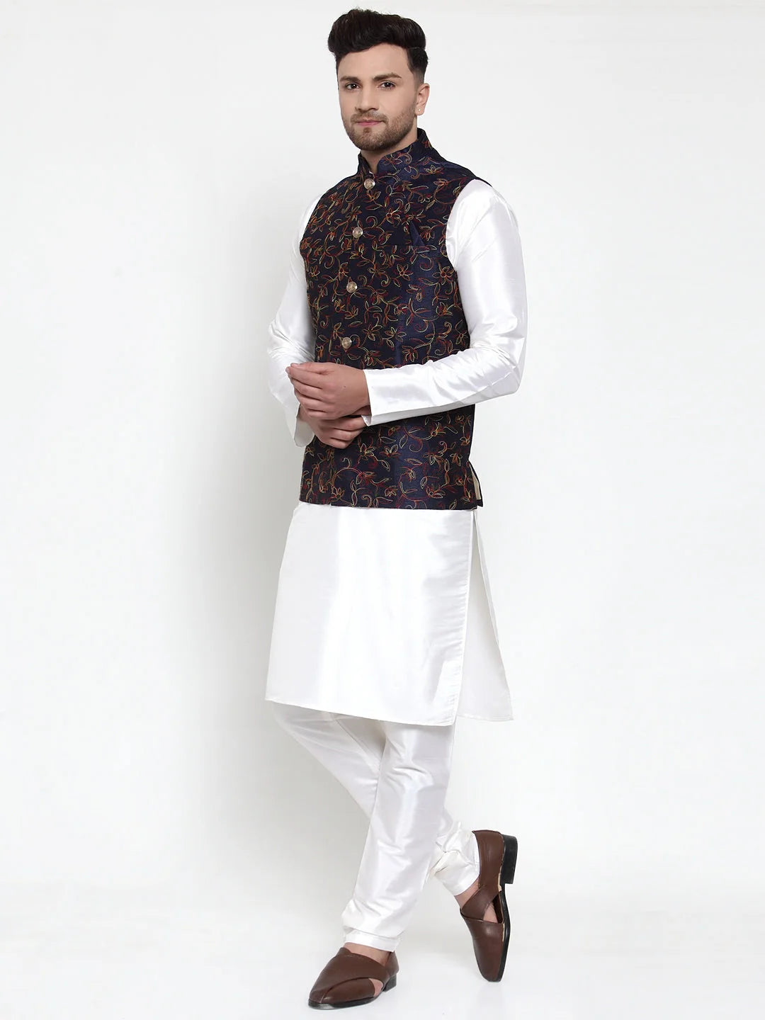 Blue Mens Kurta Pajama Set with Woven Nehru Jacket | Ethnic Wear