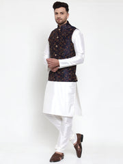 Men's Solid Dupion Blue Kurta Pajama with Woven Nehru Jacket