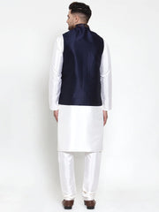 Men's Solid Dupion Blue Kurta Pajama with Woven Nehru Jacket