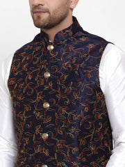 Men's Solid Dupion Blue Kurta Pajama with Woven Nehru Jacket