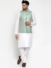 Men's Solid Dupion Kurta Pajama with High Woven Nehru Jacket