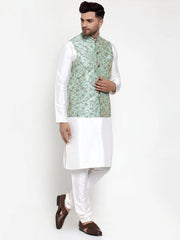 Men's Solid Dupion Kurta Pajama with High Woven Nehru Jacket