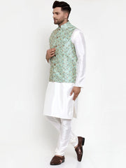 Men's Solid Dupion Kurta Pajama with High Woven Nehru Jacket