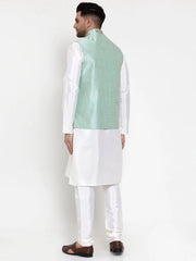 Men's Solid Dupion Kurta Pajama with High Woven Nehru Jacket