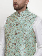 Men's Solid Dupion Kurta Pajama with High Woven Nehru Jacket
