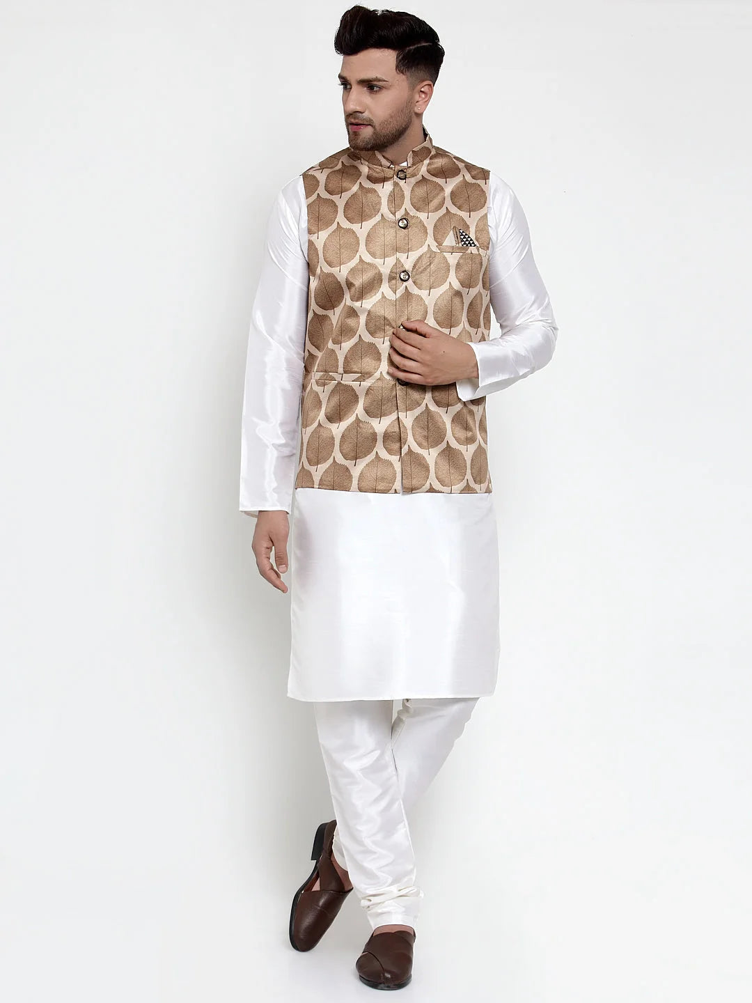 Men's Solid Dupion Kurta with Printed Nehru Jacket