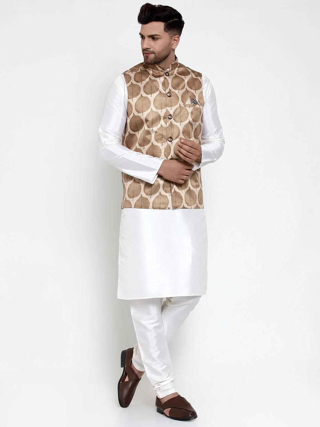 Mens Kurta Pajama Set with Printed Nehru Jacket | Pathani Suit