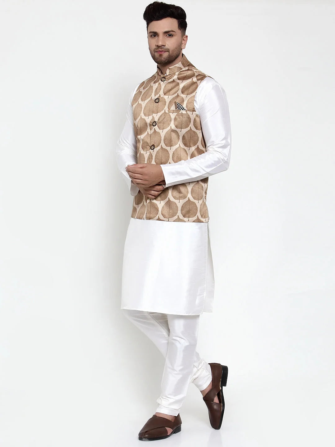 Mens Kurta Pajama Set with Printed Nehru Jacket | Pathani Suit