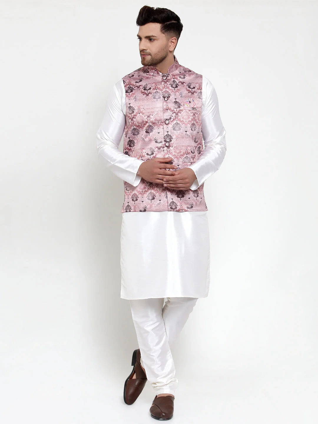 Men's Solid Dupion Kurta Pajama Brown Printed Nehru Jacket