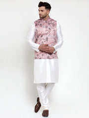 Men's Solid Dupion Kurta Pajama Brown Printed Nehru Jacket