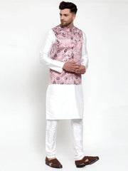 Men's Solid Dupion Kurta Pajama Brown Printed Nehru Jacket