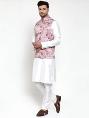 Men's Solid Dupion Kurta Pajama Brown Printed Nehru Jacket
