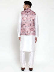 Men's Solid Dupion Kurta Pajama Brown Printed Nehru Jacket