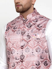 Men's Solid Dupion Kurta Pajama Brown Printed Nehru Jacket