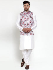 Solid Lit Dupion Kurta Pajama with Printed Nehru Jacket