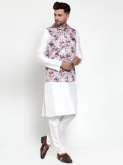 Solid Lit Dupion Kurta Pajama with Printed Nehru Jacket