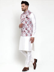 Solid Lit Dupion Kurta Pajama with Printed Nehru Jacket
