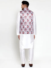 Solid Lit Dupion Kurta Pajama with Printed Nehru Jacket