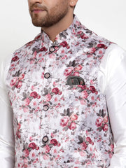 Solid Lit Dupion Kurta Pajama with Printed Nehru Jacket