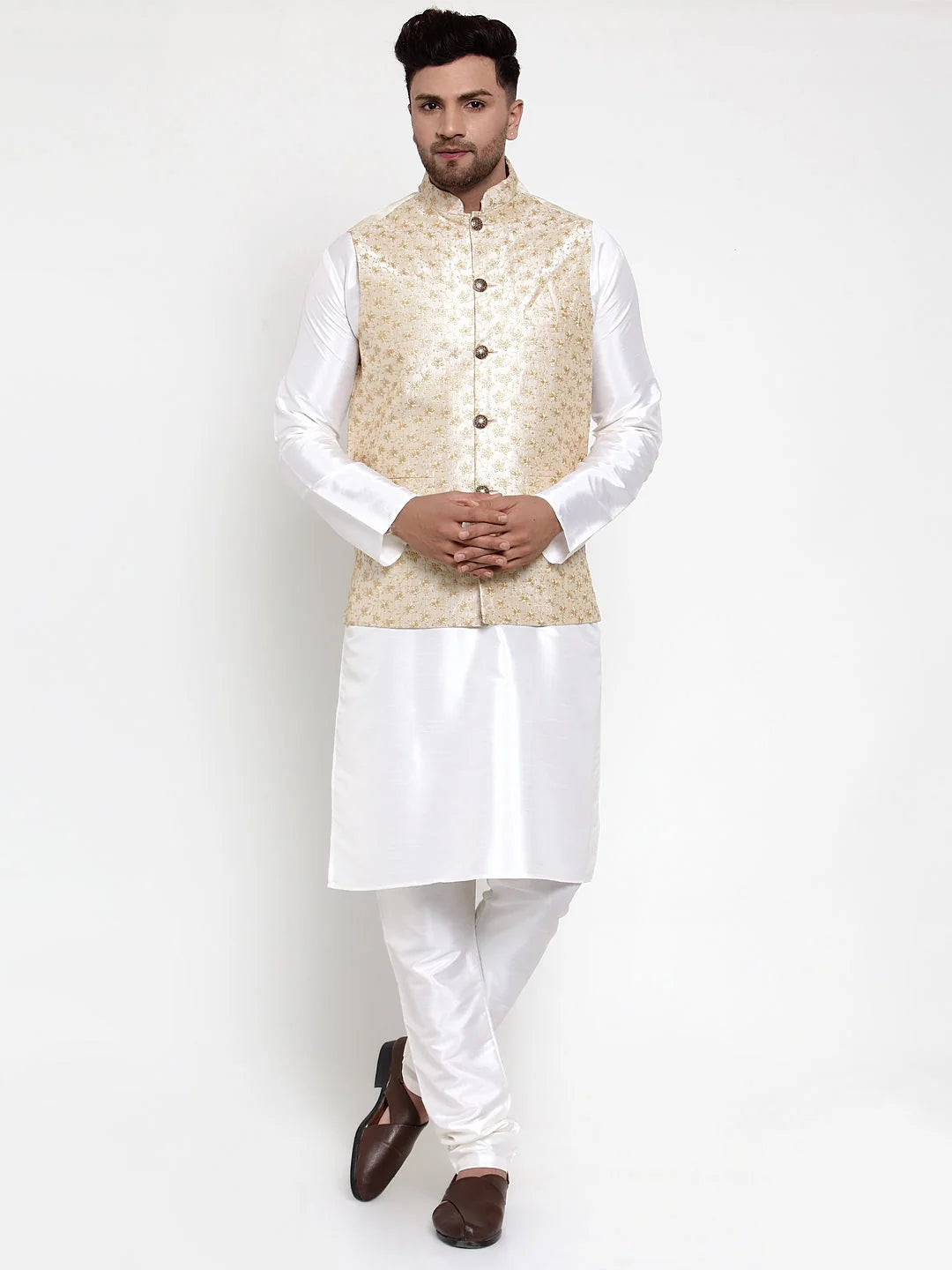 White Dupion Kurta Pajama with Embroidered Nehru Jacket - Men
