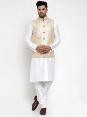 Men's Solid Dupion Kurta Pajama with Embroidered Nehru Jacket-White