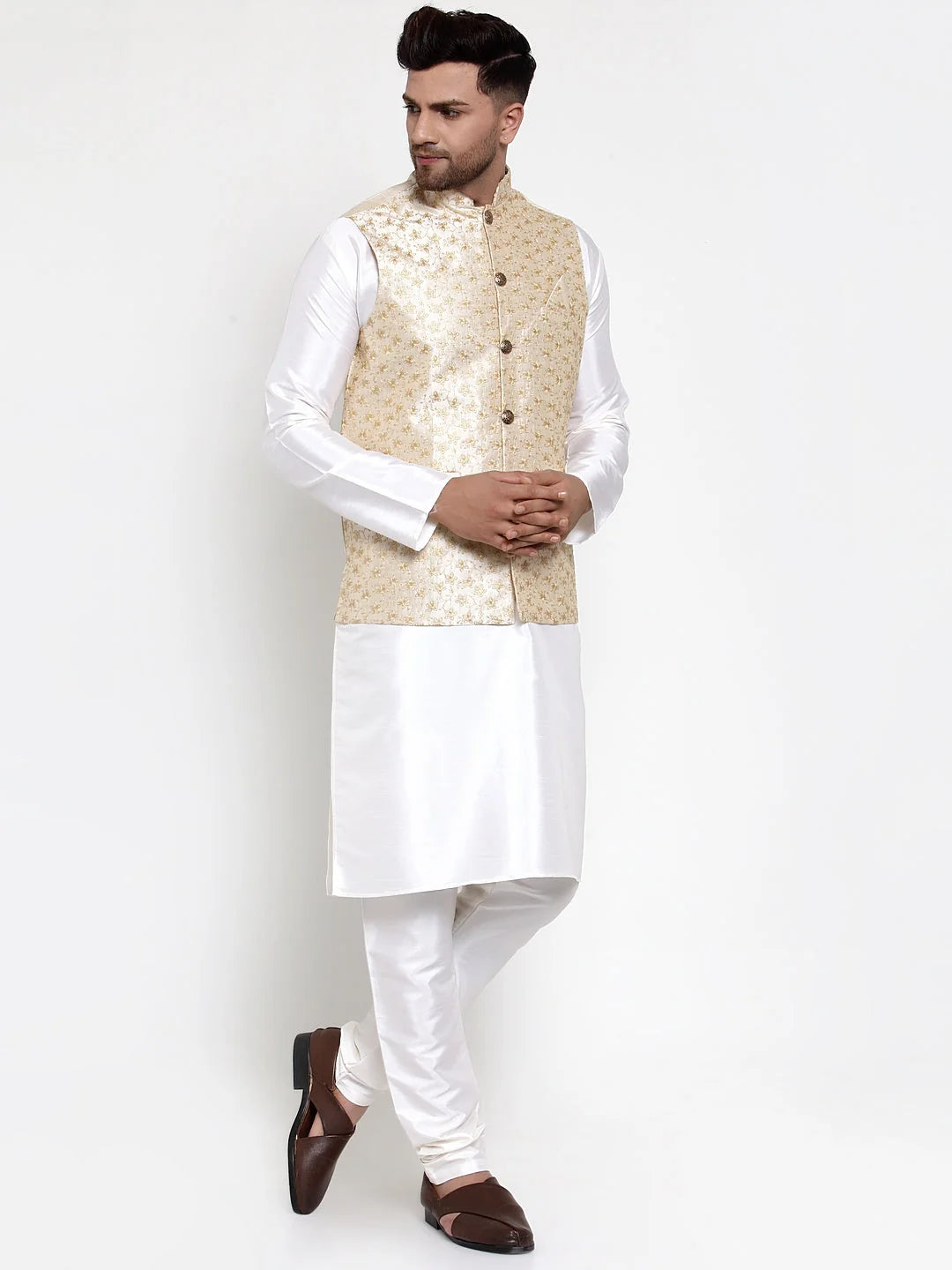White Dupion Kurta Pajama with Embroidered Nehru Jacket - Men