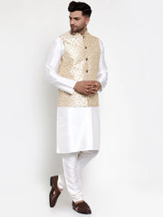 Men's Solid Dupion Kurta Pajama with Embroidered Nehru Jacket-White