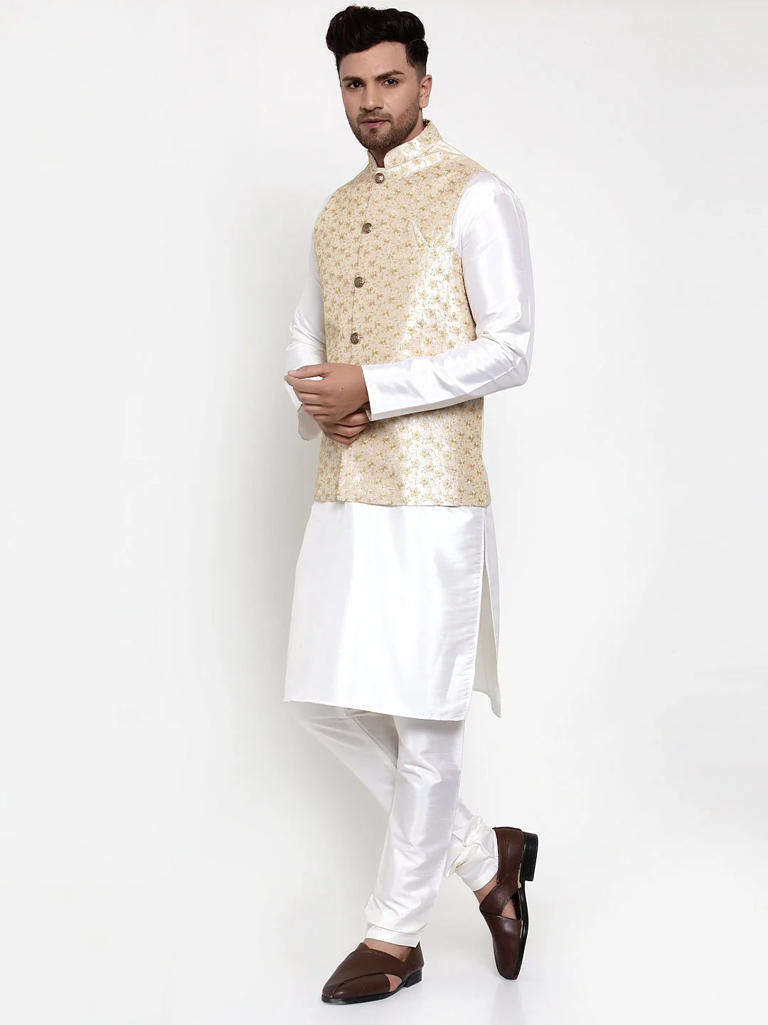 White Dupion Kurta Pajama with Embroidered Nehru Jacket - Men