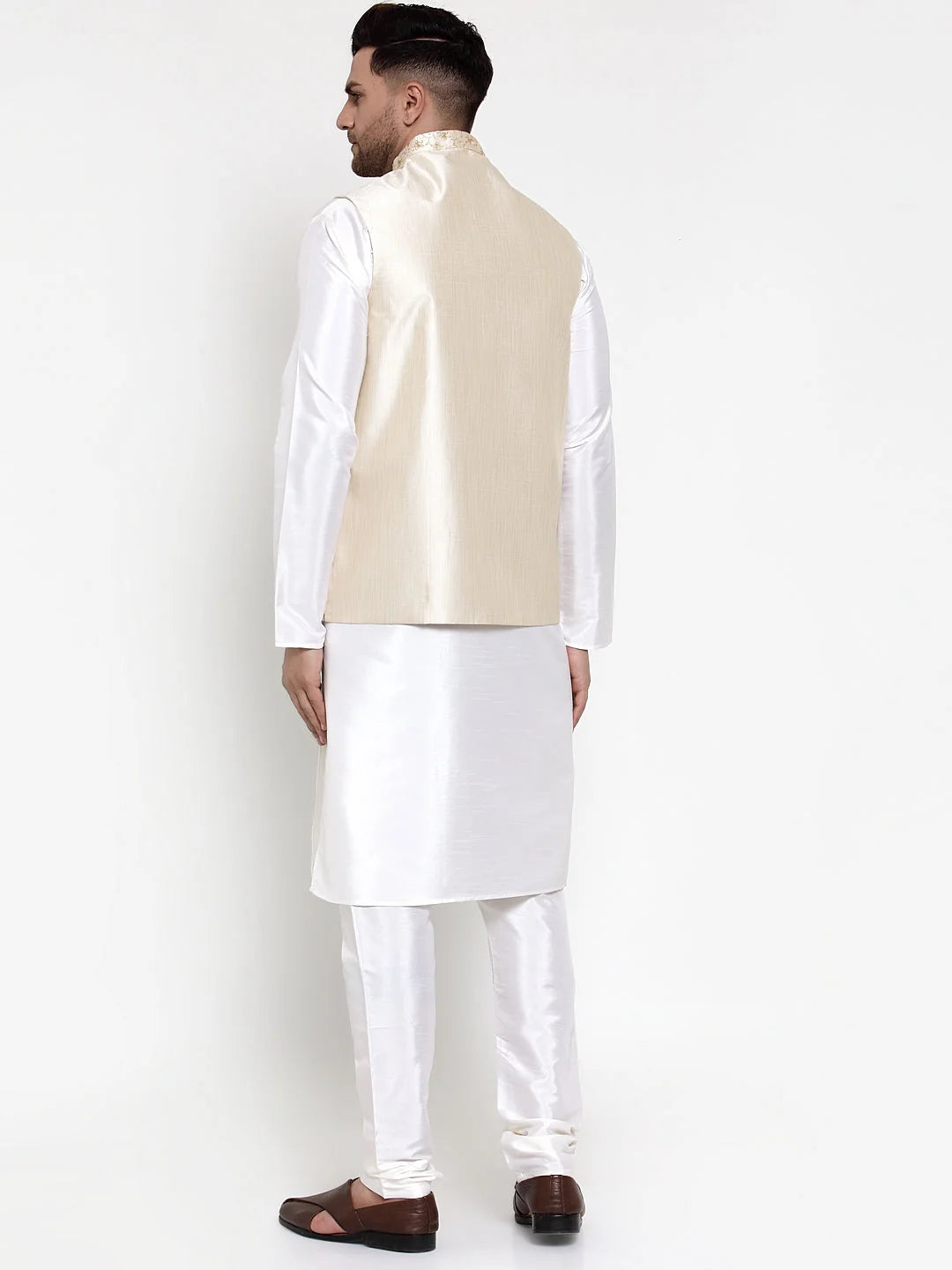 White Dupion Kurta Pajama with Embroidered Nehru Jacket - Men