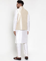 Men's Solid Dupion Kurta Pajama with Embroidered Nehru Jacket-White