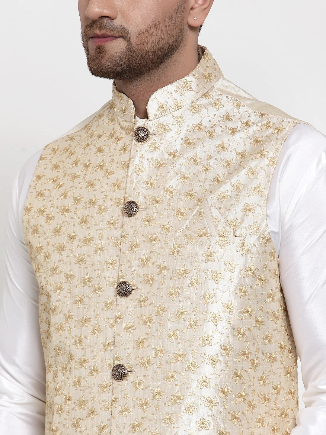 White Dupion Kurta Pajama with Embroidered Nehru Jacket - Men