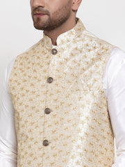 Men's Solid Dupion Kurta Pajama with Embroidered Nehru Jacket-White
