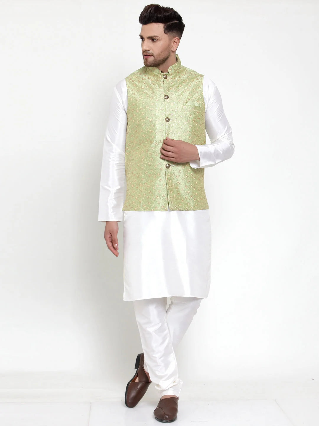 Men's Solid Dupion Kurta Pajama with Embroidered Nehru Jacket-Green