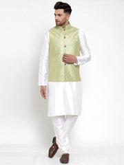 Men's Solid Dupion Kurta Pajama with Embroidered Nehru Jacket-Green