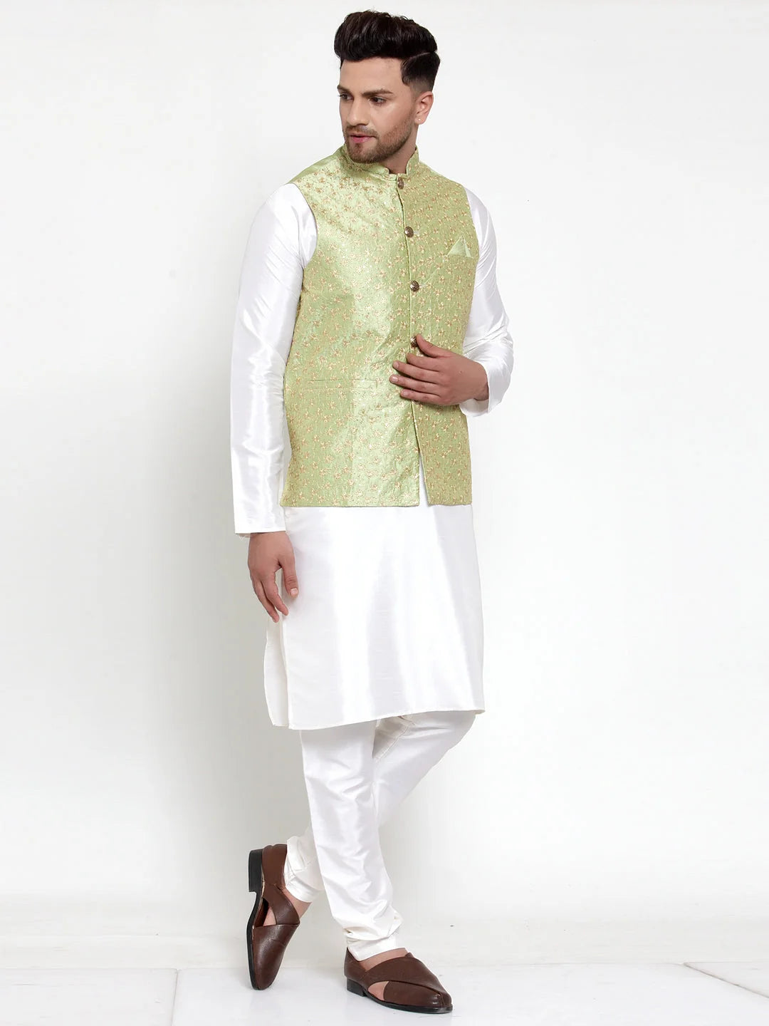 Green Dupion Kurta Pajama Set with Embroidered Nehru Jacket