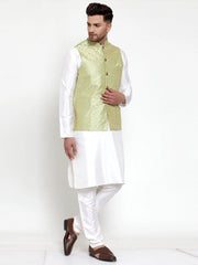 Men's Solid Dupion Kurta Pajama with Embroidered Nehru Jacket-Green