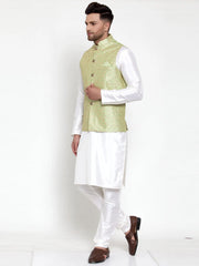 Men's Solid Dupion Kurta Pajama with Embroidered Nehru Jacket-Green